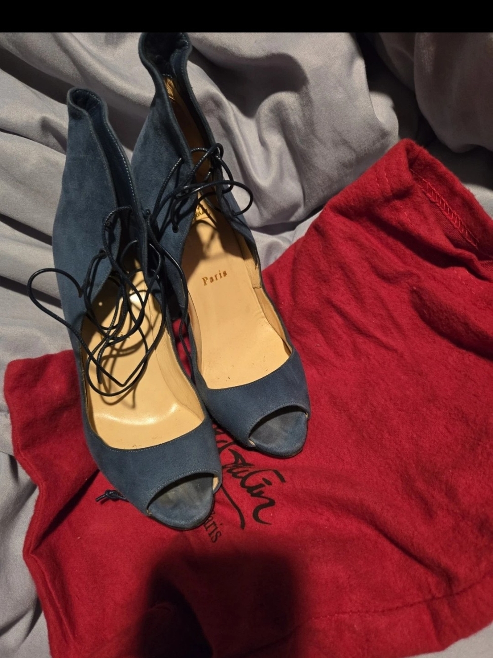 Christian Louboutin Suede Lace-Up Peep Toe Heels - Blue